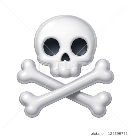 光沢感のあるドクロとクロスボーンのアイコン、ハロウィンや海賊を象徴するスカルデザイン、危険や警告を表 129899751