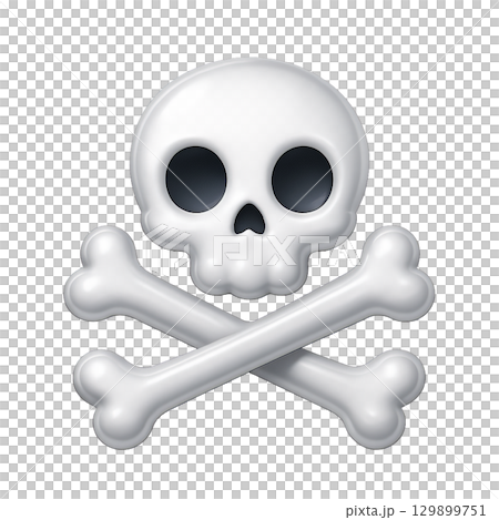 光沢感のあるドクロとクロスボーンのアイコン、ハロウィンや海賊を象徴するスカルデザイン、危険や警告を表 129899751