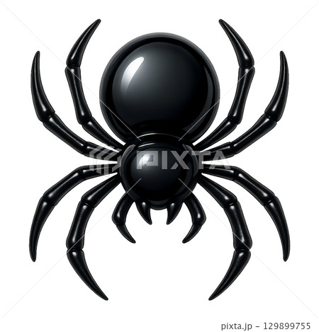 光沢感のある黒いクモのリアルアイコン、立体的で迫力あるスパイダーデザイン、ホラーやハロウィンに使える 129899755