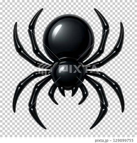 光沢感のある黒いクモのリアルアイコン、立体的で迫力あるスパイダーデザイン、ホラーやハロウィンに使える 129899755