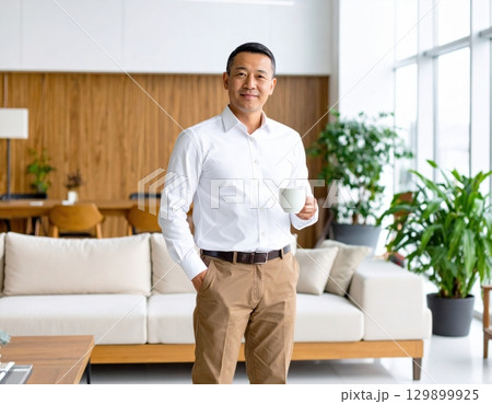 オフィスでコーヒーを飲むシニアビジネスマン 129899925