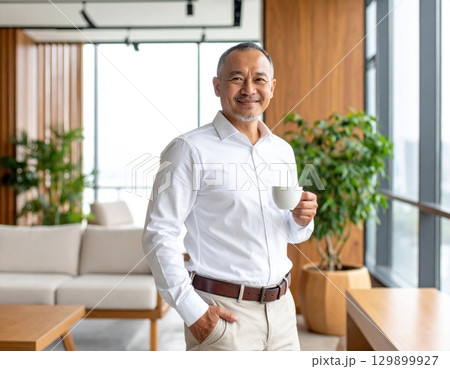 オフィスでコーヒーを飲むシニアビジネスマン 129899927
