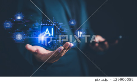 Businessman holding a digital AI interface with icons data, privacy, fingerprint scan, people, and cybersecurity. AI agent and assistant concept of artificial intelligence and digital protection. Businessman holding a digital AI interface with icons data, privacy, fingerprint scan, people, and cybersecurity. AI agent and assistant concept of artificial intelligence and digital protection. 129900089