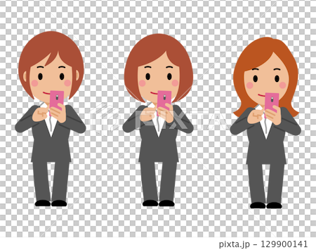 A young woman in a gray suit operating a smartphone 129900141