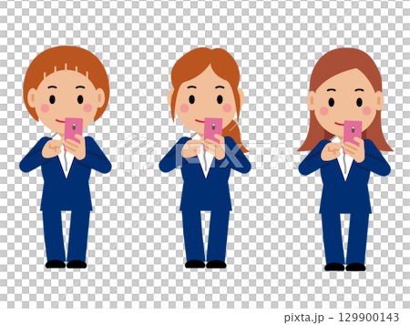 スマホを操作する紺色スーツの若い女性。その2 129900143