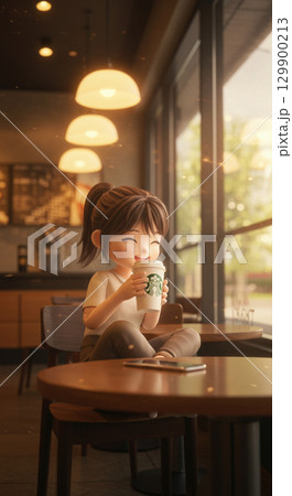 アニメ風・笑顔でコーヒーを楽しむ 129900213