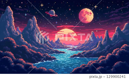 Pixel art painting depicting a serene river flowing through mountains, capturing the essence of space exploration 129900241
