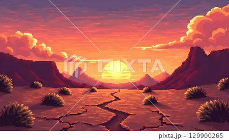 Retro pixel art scene of a desert with animated rocks, designed for vintage arcade game backgrounds 129900265