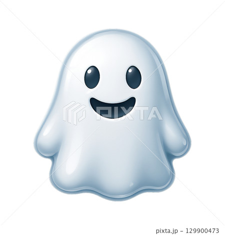 光沢感のある可愛いゴーストアイコン、笑顔のおばけが浮かぶ立体的デザイン、ハロウィンに使える白い幽霊イ 129900473