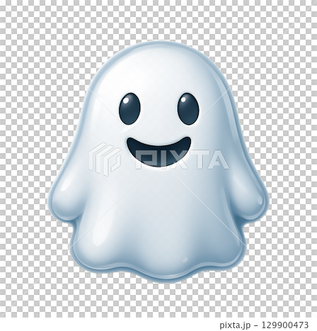 光沢感のある可愛いゴーストアイコン、笑顔のおばけが浮かぶ立体的デザイン、ハロウィンに使える白い幽霊イ 129900473