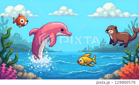 Pixel art of a dolphin and fish swimming in the ocean, featuring vibrant 8-bit colors and a playful underwater scene 129900578