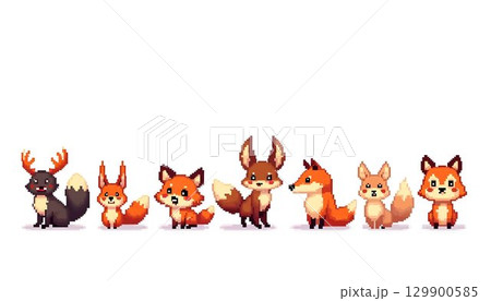 Pixel art of foxes in 8-bit style, designed for game assets, showcasing vibrant colors and playful expressions 129900585