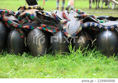 Bunch of black and colorful balls are on the grass Bunch of black and colorful balls are on the grass 129900806