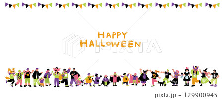 ハロウィンパーティーと仮装を楽しむ人々の手書きイラスト 129900945