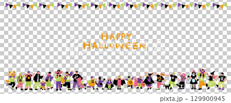 ハロウィンパーティーと仮装を楽しむ人々の手書きイラスト 129900945