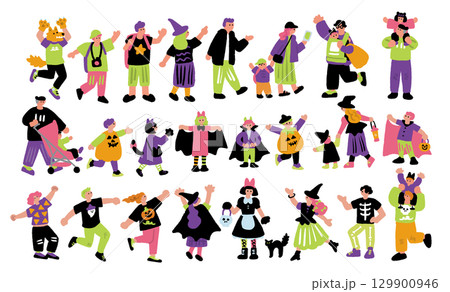 ハロウィンイベントで仮装を楽しむ人々の手書きイラスト ハロウィンイベントで仮装を楽しむ人々の手書きイラスト 129900946