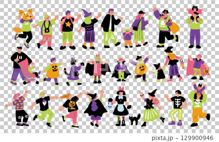 ハロウィンイベントで仮装を楽しむ人々の手書きイラスト ハロウィンイベントで仮装を楽しむ人々の手書きイラスト 129900946