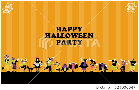 ハロウィンパーティーと仮装を楽しむ人々の手書きイラスト ハロウィンパーティーと仮装を楽しむ人々の手書きイラスト 129900947