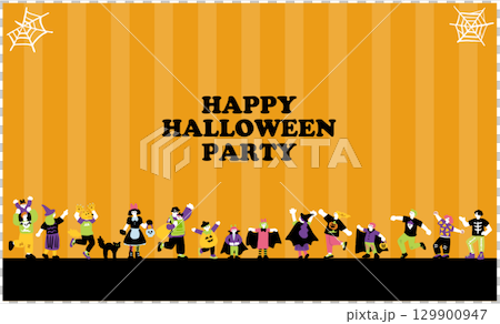 手繪插圖，描繪了參加萬聖節派對和穿著萬聖節服裝的人們 129900947