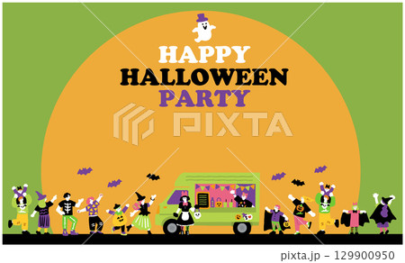 キッチンカーとハロウィンパーティーと仮装を楽しむ人々の手書きイラスト 129900950