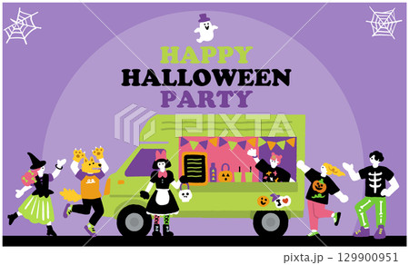 キッチンカーとハロウィンパーティーと仮装を楽しむ人々の手書きイラスト キッチンカーとハロウィンパーティーと仮装を楽しむ人々の手書きイラスト 129900951