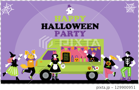 キッチンカーとハロウィンパーティーと仮装を楽しむ人々の手書きイラスト キッチンカーとハロウィンパーティーと仮装を楽しむ人々の手書きイラスト 129900951