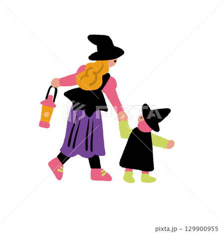 ハロウィンパーティーと仮装を楽しむ仲間たちのイラスト 129900955