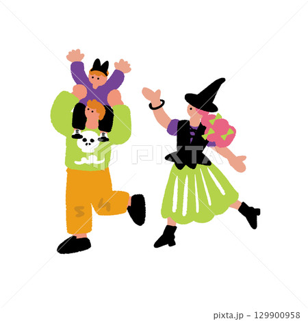 ハロウィンの仮装をする親子の手書きイラスト 129900958