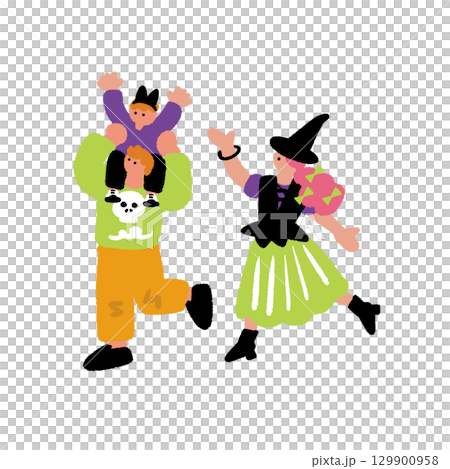 ハロウィンの仮装をする親子の手書きイラスト 129900958