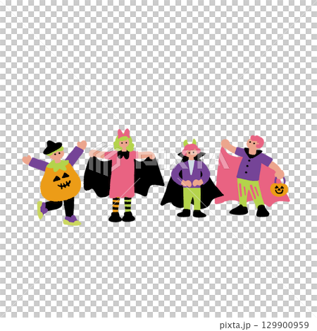 ハロウィンの仮装をするこどもの手書きイラスト 129900959
