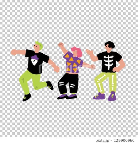 Hand-drawn illustration of young people dressed up for Halloween 129900960