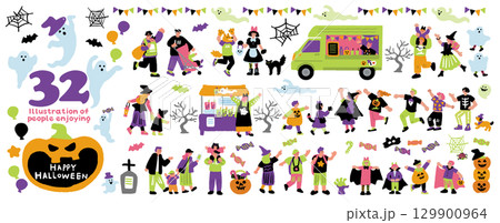 ハロウィンパーティーと仮装を楽しむ人々の手書きイラストセット ハロウィンパーティーと仮装を楽しむ人々の手書きイラストセット 129900964