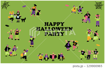 ハロウィンパーティーと仮装を楽しむ人々の手書きイラスト ハロウィンパーティーと仮装を楽しむ人々の手書きイラスト 129900965