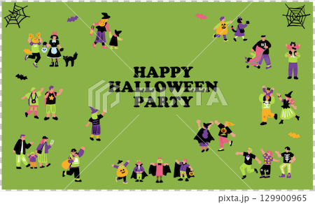 手繪插圖，描繪了參加萬聖節派對和穿著萬聖節服裝的人們 129900965