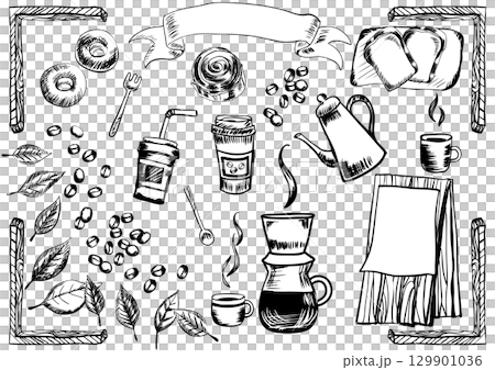 手描きレトロカフェセット（コーヒー・ドーナツ・パン・フレーム付き） 129901036
