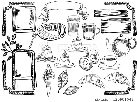手描きレトロカフェセット（紅茶・コーヒー・スイーツ・パン・フレーム付き） 129901043