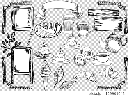 手描きレトロカフェセット（紅茶・コーヒー・スイーツ・パン・フレーム付き） 129901043