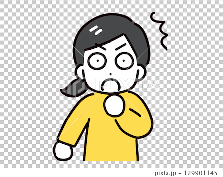 A young woman in casual clothes is surprised and wide-eyed (upper body, front view) 129901145