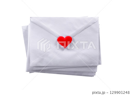 White Envelope with a Red Heart on Isolated White Background File with Clipping Path. 129901248
