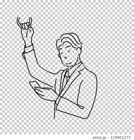 イラスト素材: スマホを操作する通勤中のビジネスマンの線画ベクター 129901273