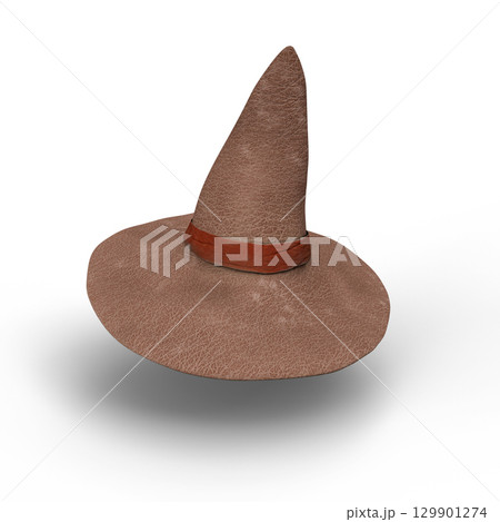 Brown Witch Hat in Leather Texture With Red Band on White Background. 3D Illustration. File with Clipping Path Brown Witch Hat in Leather Texture With Red Band on White Background. 3D Illustration. File with Clipping Path 129901274