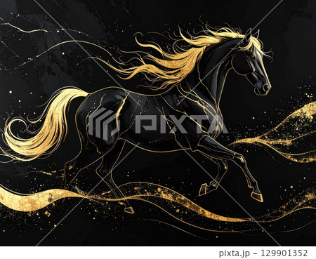 黒と金のコントラストが美しい馬のアートのイラスト素材 [129901352