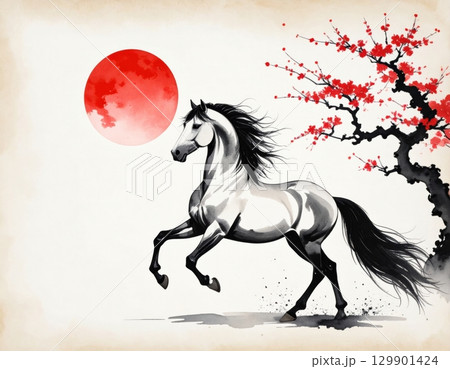 水墨画風の干支や馬をテーマにした年賀状素材 水墨画風の干支や馬をテーマにした年賀状素材 129901424