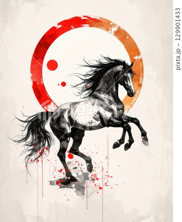 水墨画風の干支や馬をテーマにした年賀状素材 水墨画風の干支や馬をテーマにした年賀状素材 129901433