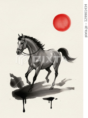 水墨画風の干支や馬をテーマにした年賀状素材 水墨画風の干支や馬をテーマにした年賀状素材 129901434