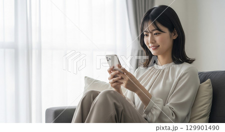 ソファでスマホを見る若い女性 129901490