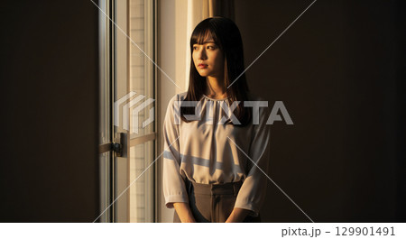 夕日に染まる空を眺める若い女性 129901491