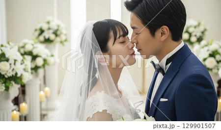 チャペルで結婚式　新郎新婦の誓いのキス 129901507