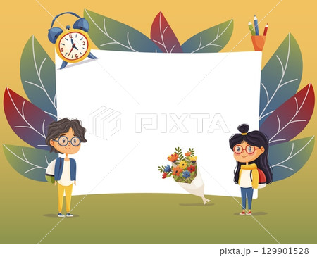 School frame with boy, girl, bouquet and alarm clock 129901528
