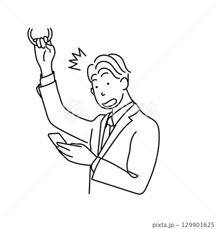 イラスト素材: スマホに驚く通勤中のビジネスマンの線画ベクター イラスト素材: スマホに驚く通勤中のビジネスマンの線画ベクター 129901625
